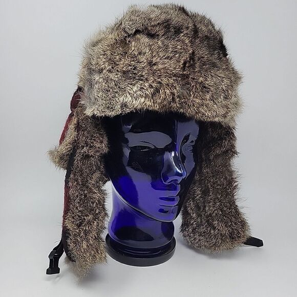 Mad Bomber Buffalo Plaid Red Black Wool Blend Trapper Hat Rabbit Fur Trim L - Picture 2 of 9